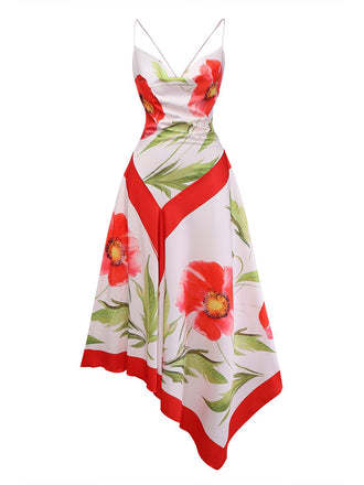 Ein umwerfendes weißes Trägerkleid mit großen, leuchtend roten Blumenmustern, einem eleganten Wasserfallausschnitt und einem modernen, asymmetrischen Zipfelsaum.