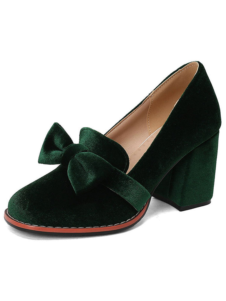 Solide Samt Bogen Detail Block Absatz Schuhe