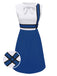 Weiß & Blau 1960er Schleifenknoten Patchwork Kleid