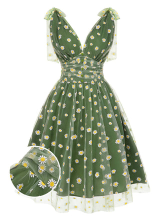 Grün 1950er Gänseblümchen Netz Swing Kleid