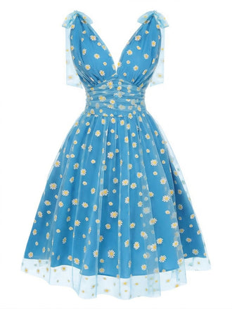 [Vorverkauf] Blau 1950er Gänseblümchen Netz Swing Kleid