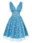 Blau 1950er Gänseblümchen Netz Swing Kleid