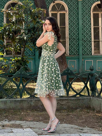 Grün 1950er Gänseblümchen Netz Swing Kleid