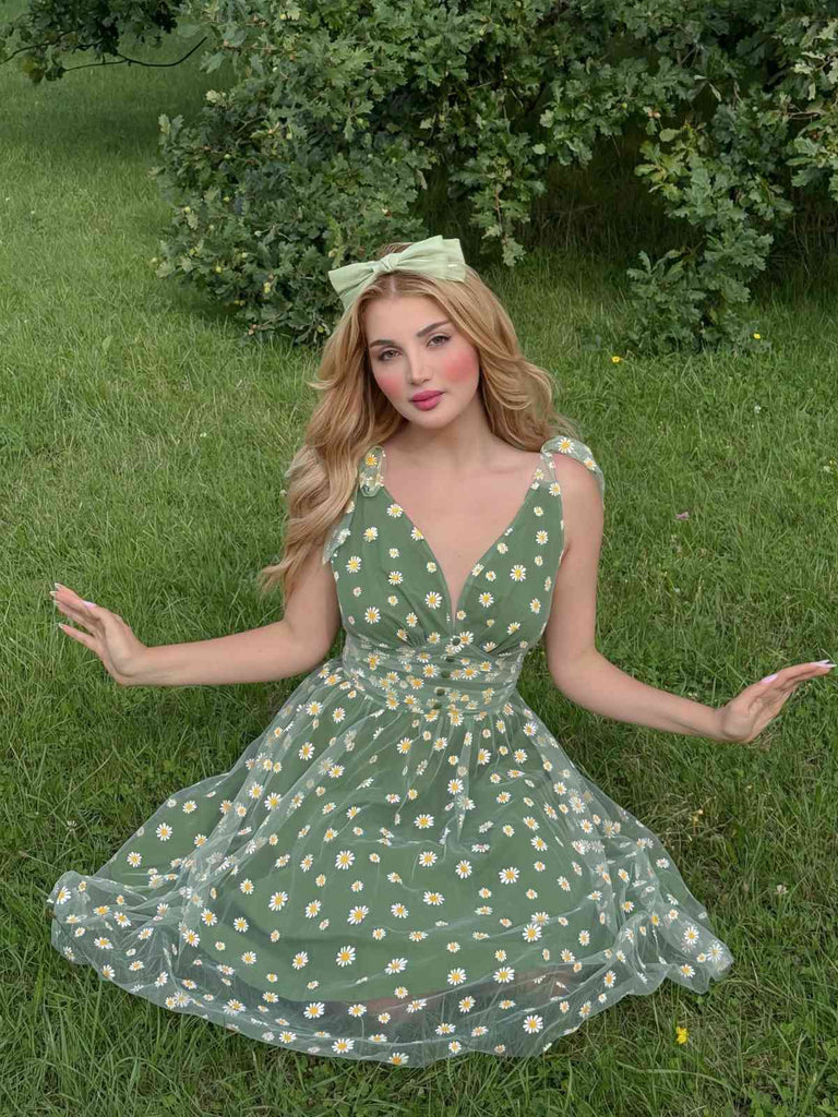 Grün 1950er Gänseblümchen Netz Swing Kleid