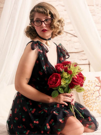 [Vorverkauf] Schwarz 1950er Kirsche Gänseblümchen Netz Swing Kleid