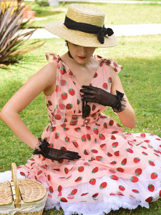 Rosa 1950er Erdbeer Netz Swing Kleid