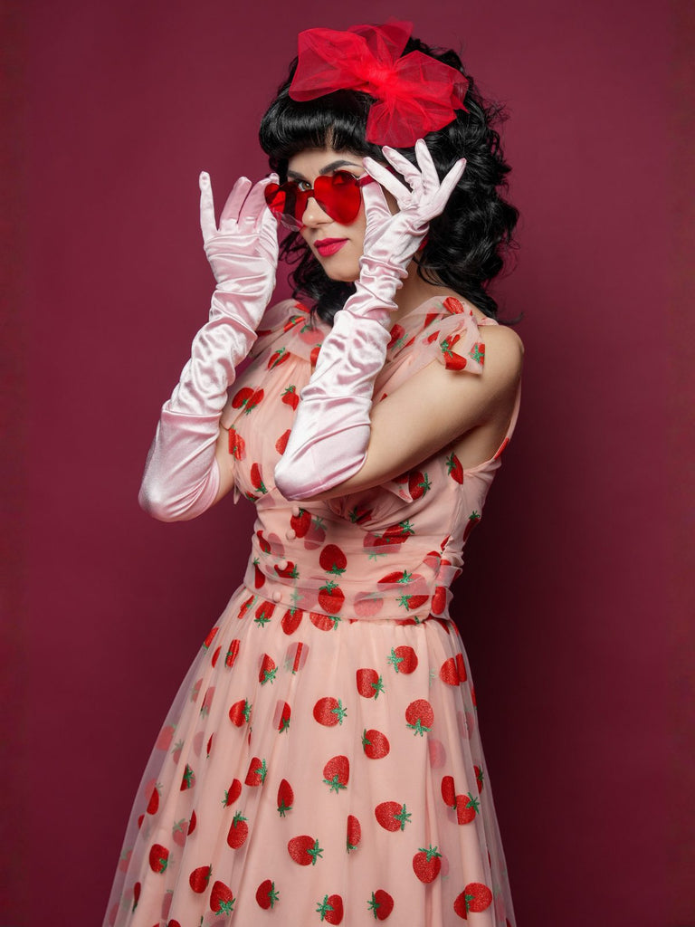 Rosa 1950er Erdbeer Netz Swing Kleid