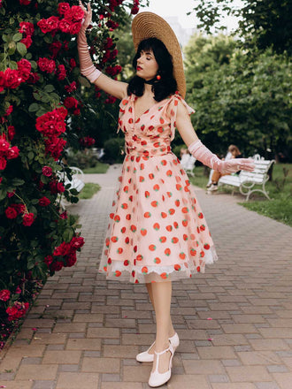 Rosa 1950er Erdbeer Netz Swing Kleid