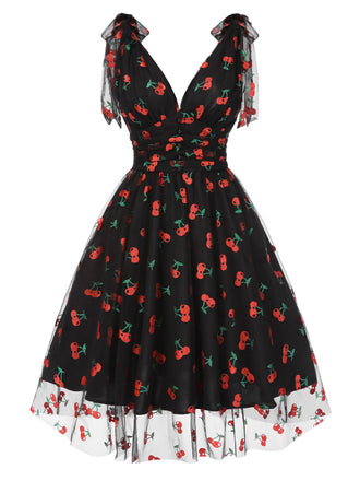 Schwarz 1950er Kirsche Gänseblümchen Netz Swing Kleid