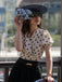 Beige 1940er Tupfen Bogen V-Ausschnitt Bluse