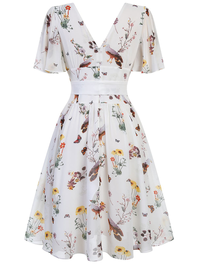 [Vorverkauf] Weiß Blumen Und Vögel Bowknot VAusschnitt Kleid