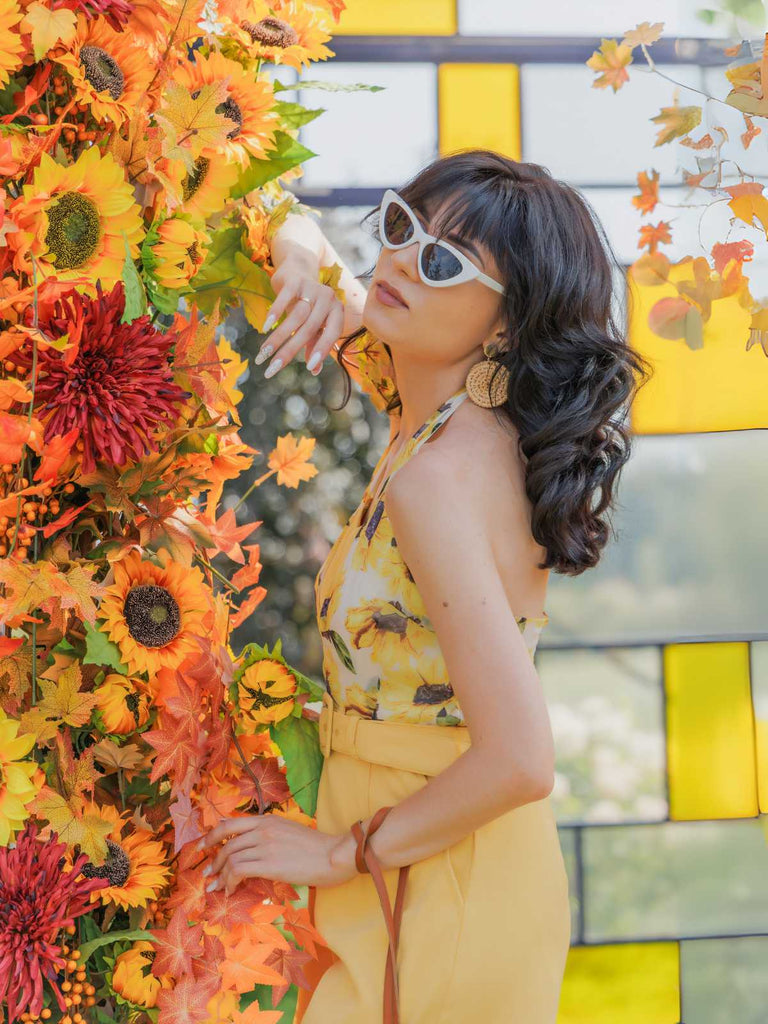 Gelb 1950er Sonnenblume Halter Romper