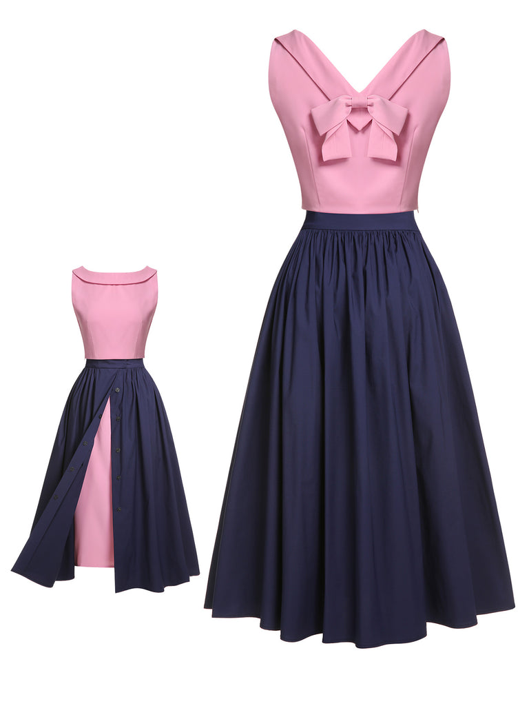3PCS Rosa 1960er Schleifenbluse & Spaghettikleid & Regenschirm-Rock