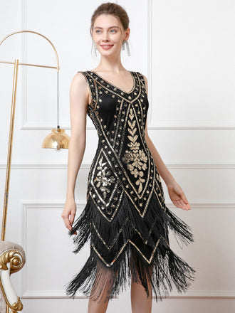 Schwarz 1920er V-Ausschnitt Pailletten Quaste Klappe Ärmellos Kleid