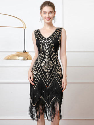 Schwarz 1920er V-Ausschnitt Pailletten Quaste Klappe Ärmellos Kleid