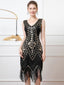 Schwarz 1920er V-Ausschnitt Pailletten Quaste Klappe Ärmellos Kleid