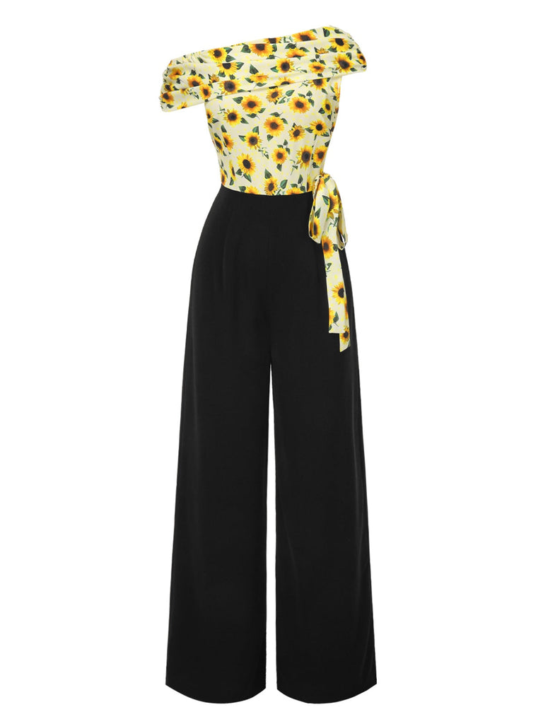 [Vorverkauf] Gelb 1930er Sonnenblume Schräger Hals Jumpsuit