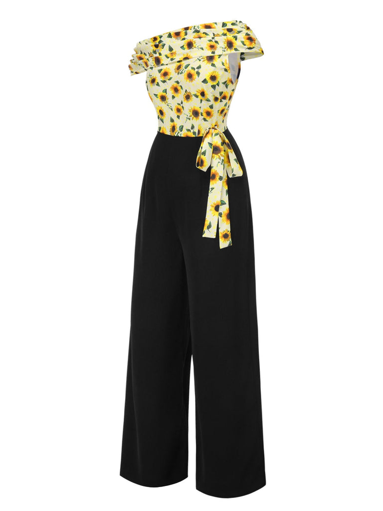 [Vorverkauf] Gelb 1930er Sonnenblume Schräger Hals Jumpsuit