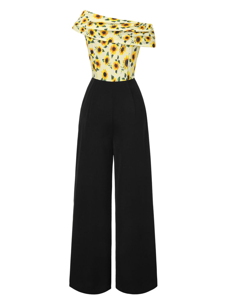 [Vorverkauf] Gelb 1930er Sonnenblume Schräger Hals Jumpsuit