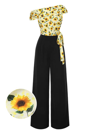 Gelb 1930er Sonnenblume Schräger Hals Jumpsuit