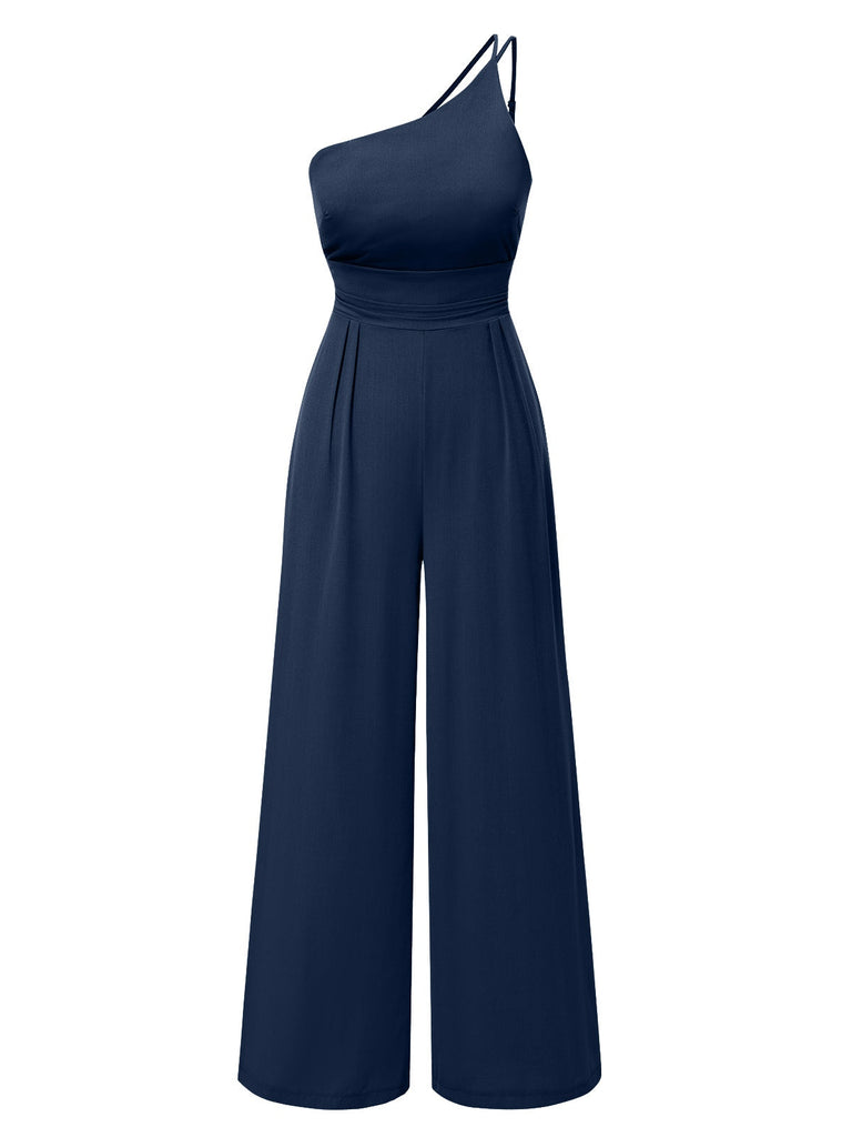 1940er Solide Eine Schulter Hosenträger Lose Weites Bein Jumpsuit