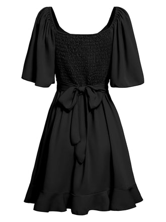 1930er Solide V-Ausschnitt Taille Rüschen Kleid