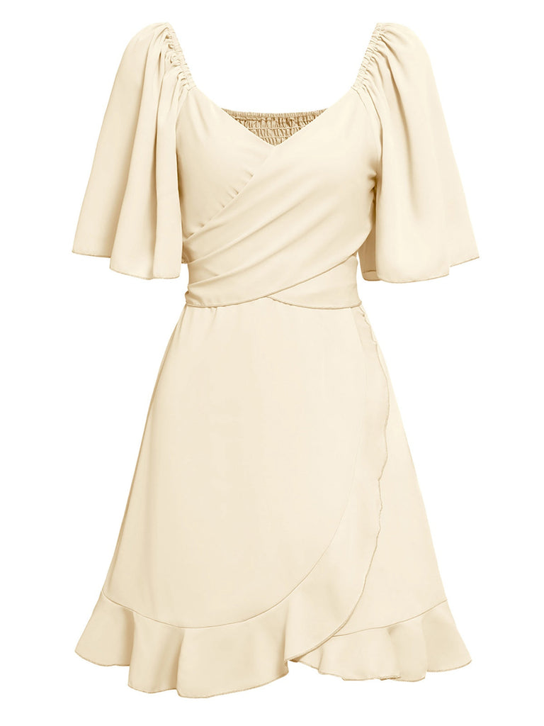 1930er Solide V-Ausschnitt Taille Rüschen Kleid