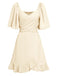 1930er Solide V-Ausschnitt Taille Rüschen Kleid