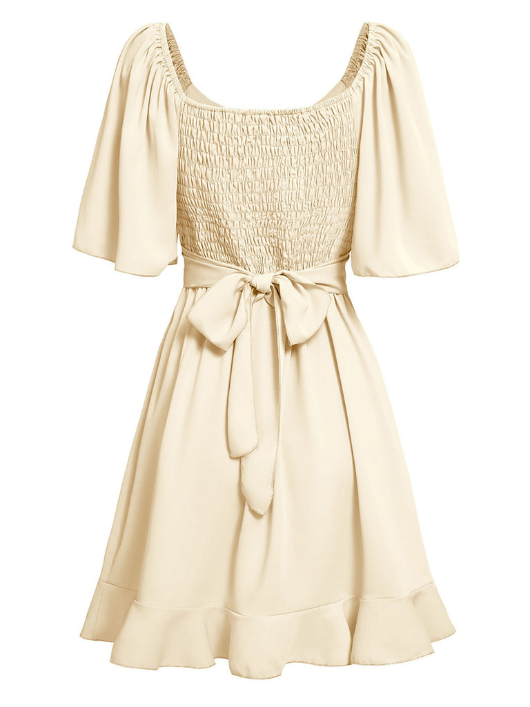 1930er Solide V-Ausschnitt Taille Rüschen Kleid