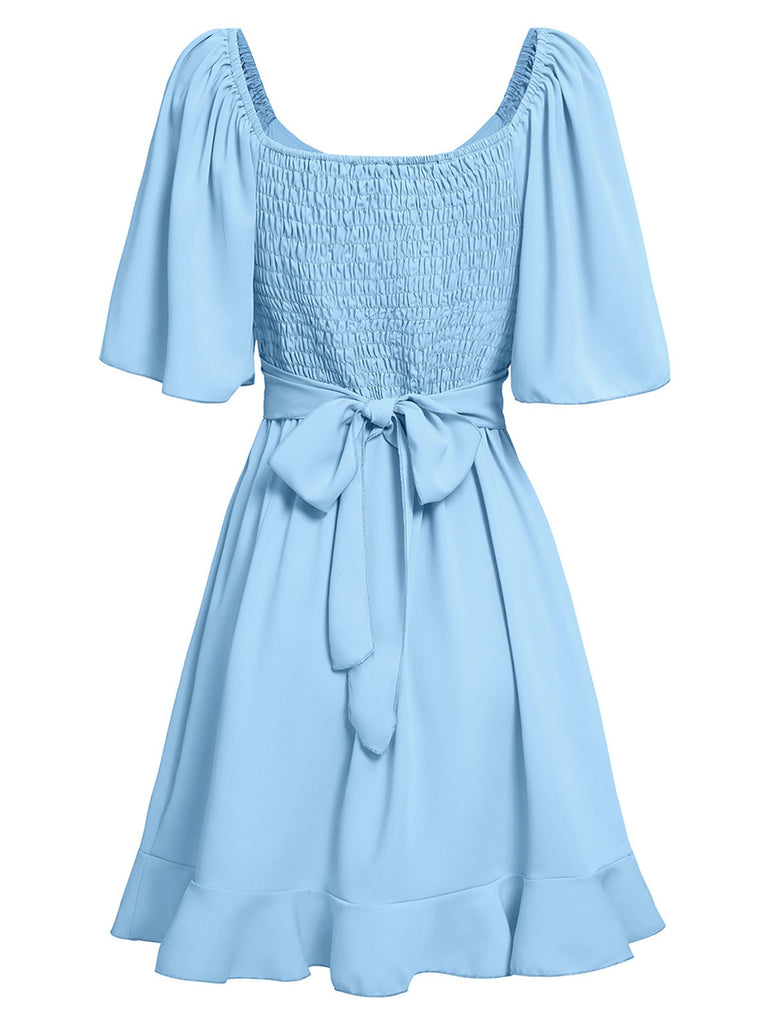 1930er Solide V-Ausschnitt Taille Rüschen Kleid