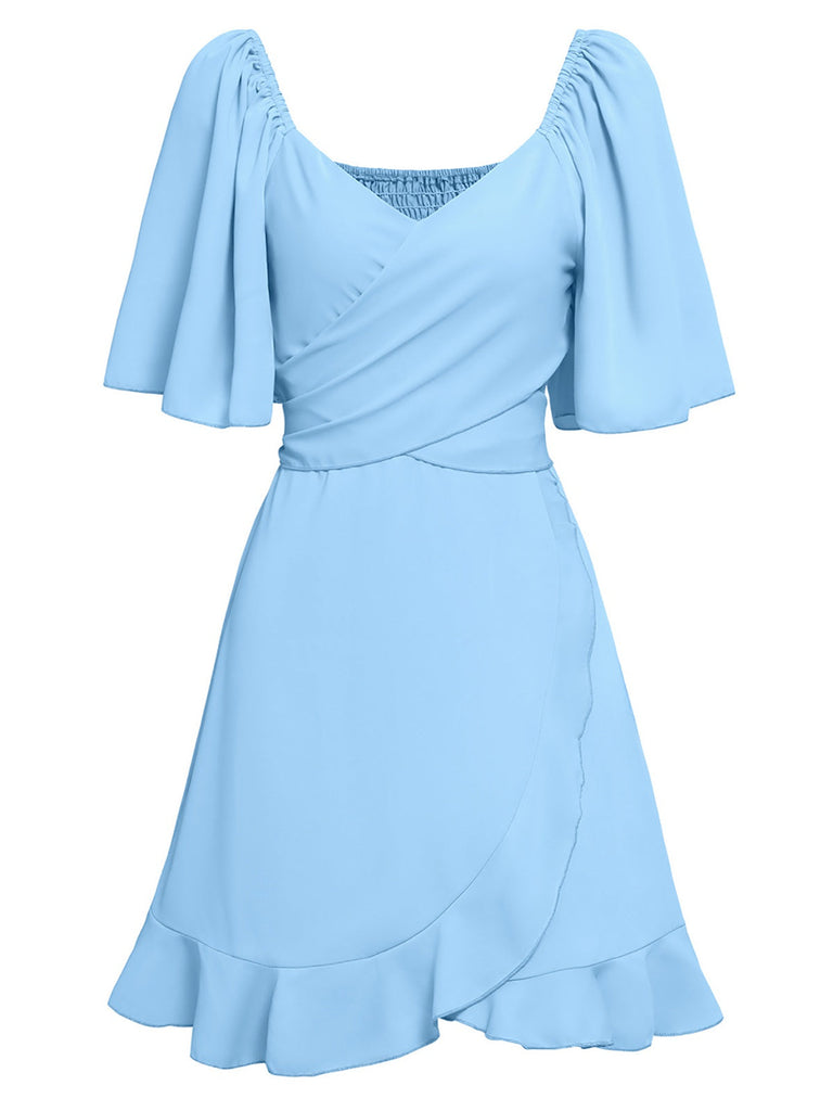 1930er Solide V-Ausschnitt Taille Rüschen Kleid