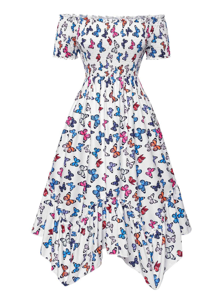 Multicolor 1930er Schmetterling Drucken Schulterfrei Irregulär Kleid
