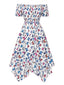 Multicolor 1930er Schmetterling Drucken Schulterfrei Irregulär Kleid
