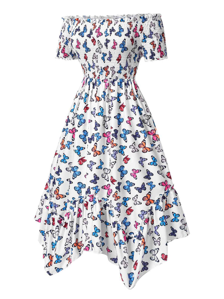 Multicolor 1930er Schmetterling Drucken Schulterfrei Irregulär Kleid