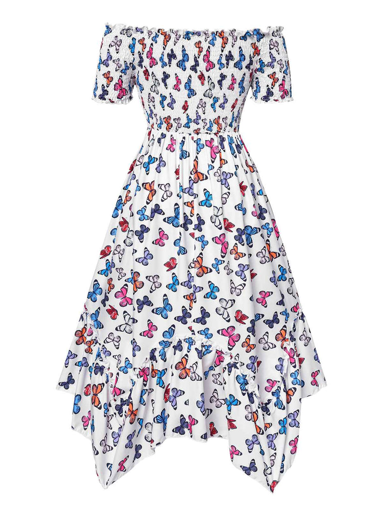 Multicolor 1930er Schmetterling Drucken Schulterfrei Irregulär Kleid