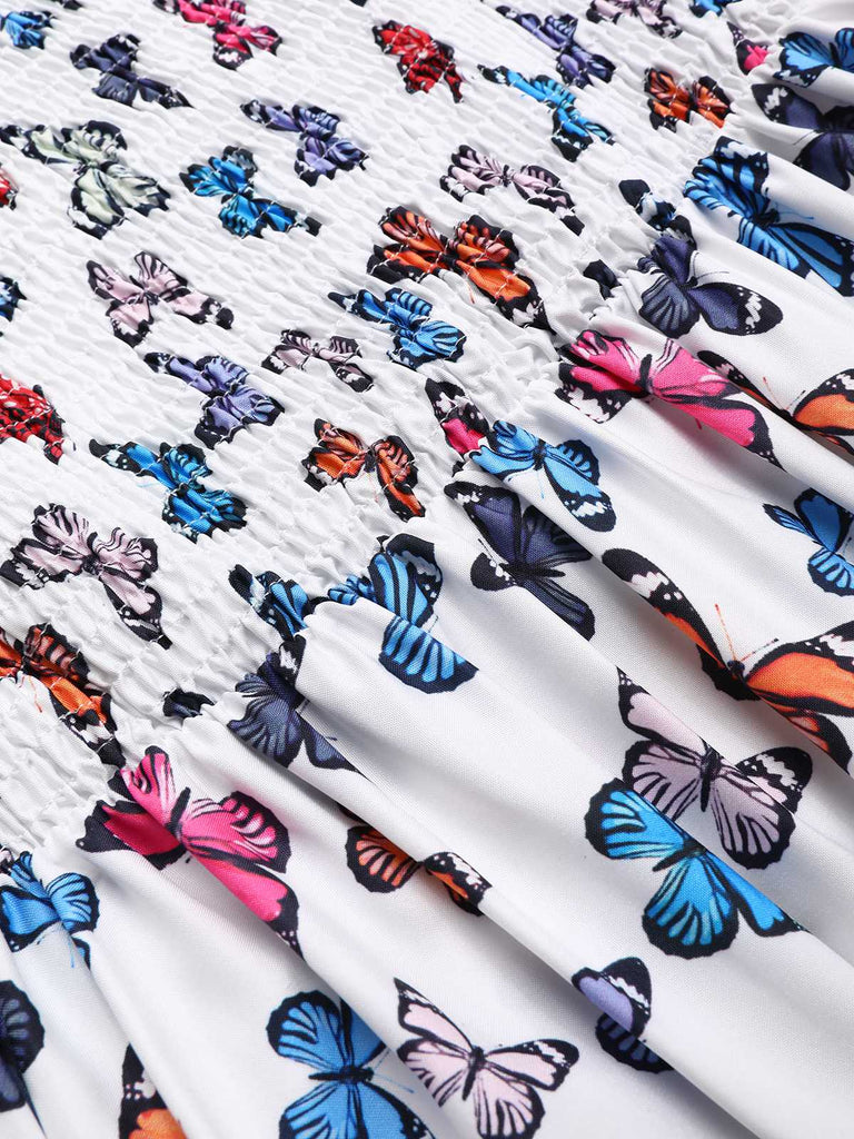 Multicolor 1930er Schmetterling Drucken Schulterfrei Irregulär Kleid