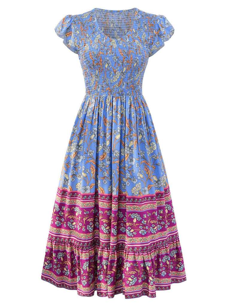 1970er Blumen Bedruckte Volantärmel Bohemian Kleid