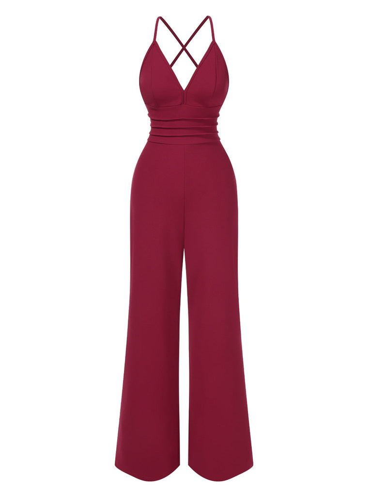 1970er Solide V-Ausschnitt Rückenkreuz Träger Jumpsuit