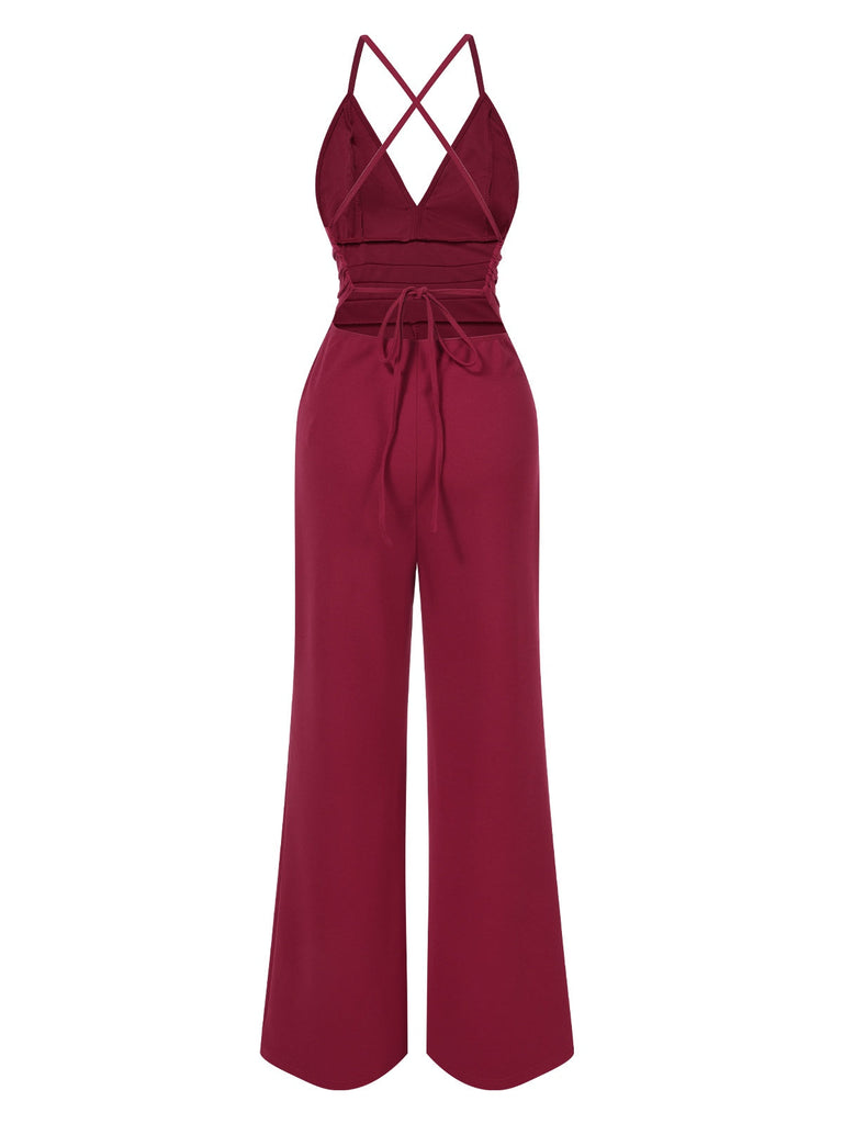 1970er Solide V-Ausschnitt Rückenkreuz Träger Jumpsuit