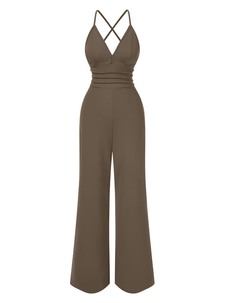 1970er Solide V-Ausschnitt Rückenkreuz Träger Jumpsuit