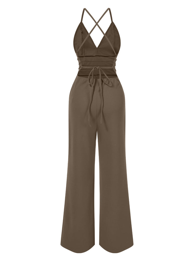 1970er Solide V-Ausschnitt Rückenkreuz Träger Jumpsuit