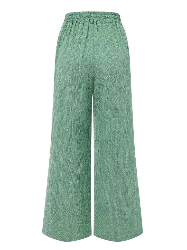 2PCS 1940er Weiß Revers Palmen Bluse & Grün Falten Hosen