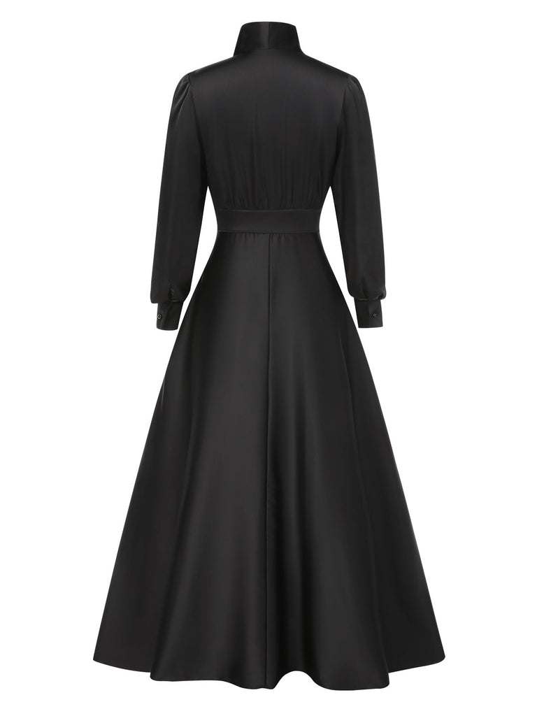Schwarz 1950er Solide Krawattenhals Bischofsärmel Satin Kleid