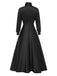 Schwarz 1950er Solide Krawattenhals Bischofsärmel Satin Kleid