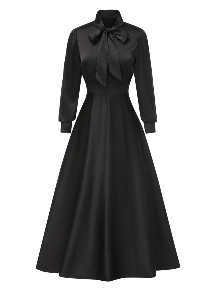 Schwarz 1950er Solide Krawattenhals Bischofsärmel Satin Kleid