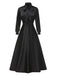 Schwarz 1950er Solide Krawattenhals Bischofsärmel Satin Kleid