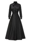 Schwarz 1950er Solide Krawattenhals Bischofsärmel Satin Kleid