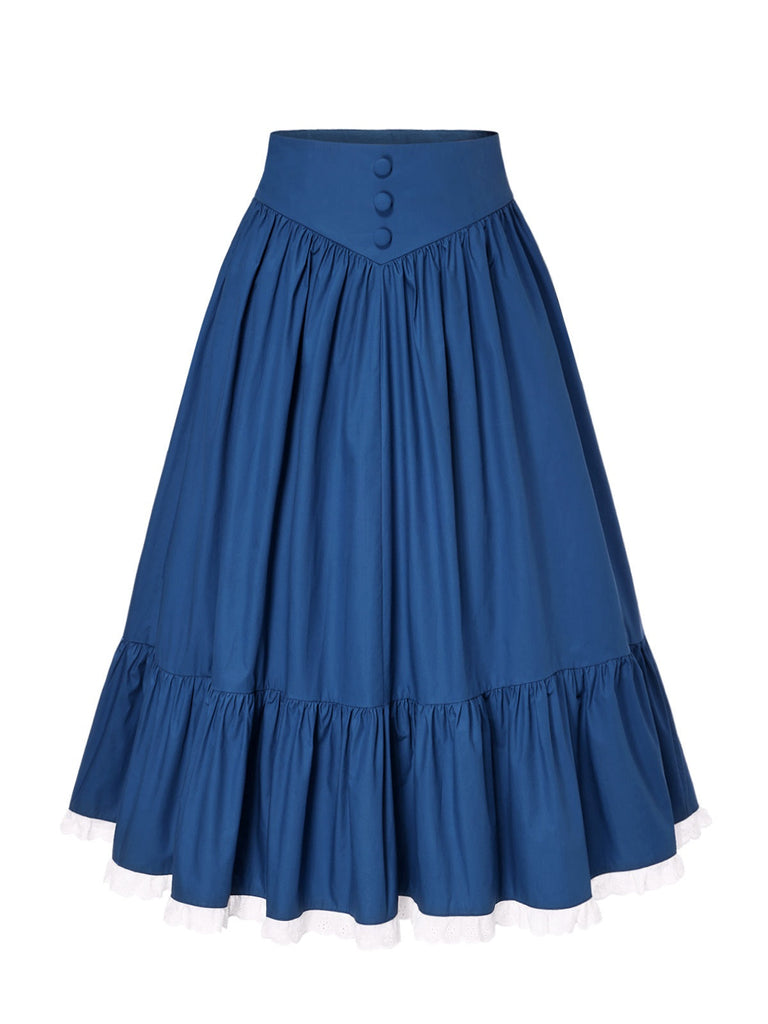 [Vorverkauf] 2PCS 1940er Baumwolle Creme V-Ausschnitt Top & Blau Plissiertes Rock