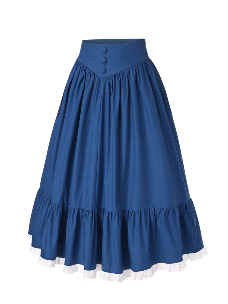 [Vorverkauf] 2PCS 1940er Baumwolle Creme V-Ausschnitt Top & Blau Plissiertes Rock