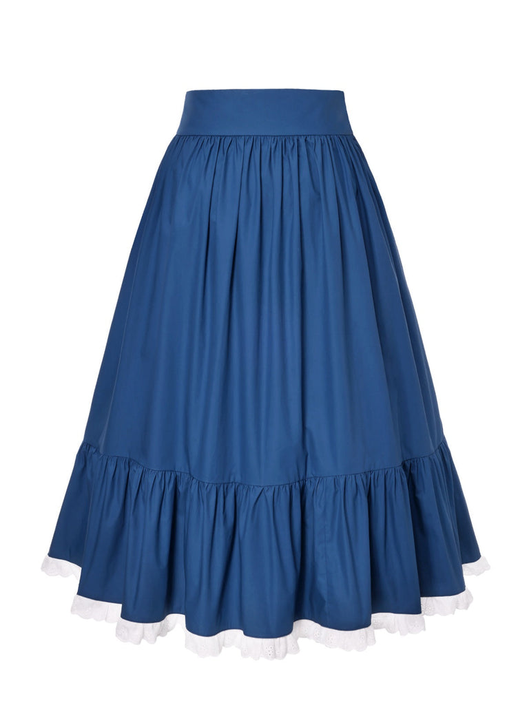 [Vorverkauf] 2PCS 1940er Baumwolle Creme V-Ausschnitt Top & Blau Plissiertes Rock